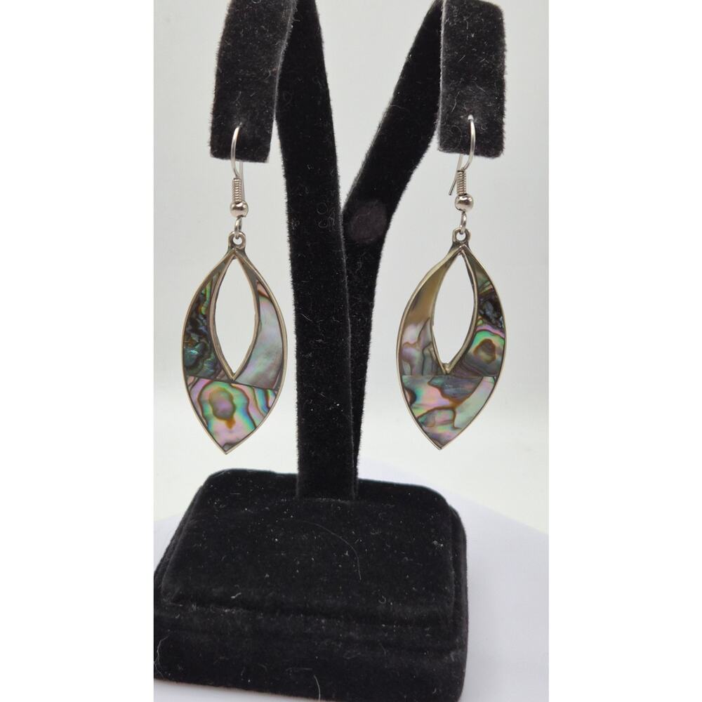 Vintage Alpaca Mexico Abalone Shell Dangle Earrings